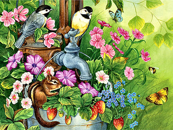 Garden Pump - Birds F, animal, pump, avian, chickadees, painting, butterfly, songbirds, bird, art, beautiful, illustration, artwork, wide screen, chipmunk, wildlife, nature, flowers HD wallpaper