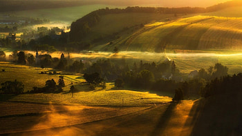 magical morning time over a valley r, mist, morning, valley, fields, farms, r, hill, sunrise HD wallpaper
