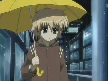 Yuuno Scrya Screenshot, blue, worry, umbrella, depress, blonde, depression, yuuno scrya, mgln, stripes, screenshot, magical girl lyrical nanoha, brown, worried, white, rain, jacket, other, yuuno, anime, green, yellow, scrya HD wallpaper