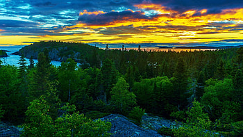 Pukaskwa National Park, Ontario, clouds, trees, colors, sky, canada, forest, lake, sunset HD wallpaper