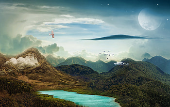 Landscape, mountains, moon, lake, fantasy HD wallpaper