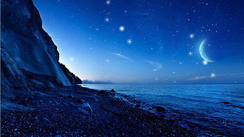 Night of Blue Dreams, blue, sea, stars, rocks, Firefox Persona theme, serenity, beach, moon, sky HD wallpaper