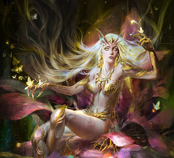 Fantasy girl, golden, art, fantasy, yellow, liu tao, luminos, girl, liutao HD wallpaper