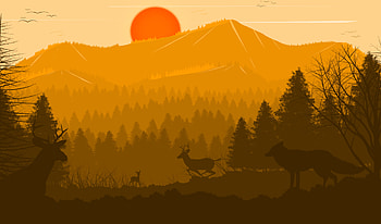 Deer Forest Fox Sun Red Trees Birds , deviantart, deer, forest, fox, sun, trees, birds, artist, artwork, digital-art, landscape HD wallpaper