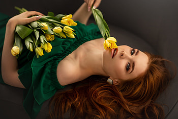 Flowers, model, yellow, red, female HD wallpaper