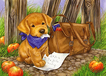 The dog ate my homework, dog, cute, apples, yard, painting, eat, adorable, art, bag, house, garden, beautiful, fruits, grass, cutie, little, summer, playing, puppy, funny, homework, page, lovely, home HD wallpaper