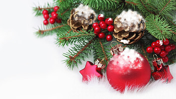 Decorating Winter Christmas, winter, frost, feliz navidad, firefox persona, spruce, berries, stars, fir, xmas, red balls, snow, christmas HD wallpaper