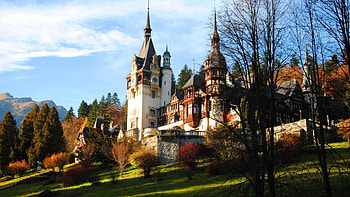 wondrous peles castle in romania, trees, grass, castle, hill, towers HD wallpaper