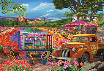 Roadside Tulip, artwork, painting, field, house, landscape, trees, tulips, truck, barns HD wallpaper