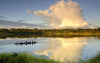 rainbow in yasuni national park in ecuador, river, boat, rainbow, jungle, cloud HD wallpaper