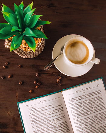 Relax with a cup of coffee, an open book, and a touch of greenery on a wooden table. HD phone wallpaper