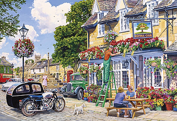 The Royal Oak, dog, combination, scene, van, flowers, pub, motorbike HD wallpaper