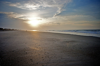 The Beginning, sand, person, alone, sunrise, shore, waves, clouds, nature, sky, water, sun, places, ocean HD wallpaper