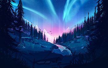 Auroral Forest Illustration, forest, illustration, artist, artwork, digital-art, dribbble, minimalism, minimalist HD wallpaper