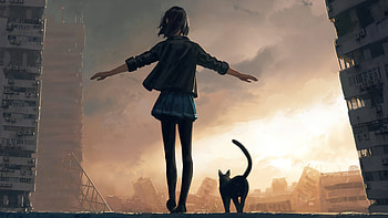 Girl Walking With Cat On Roof Wall , girl, cat, artist, artwork, digital-art HD wallpaper