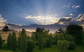 Sunbeams, clouds, trees, sky HD wallpaper