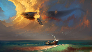 Fantasy, blue, whale, sea, ship, art, surreal, summer, w ater, painting, pictura, yellow, luminos, fire, vara, cloud HD wallpaper