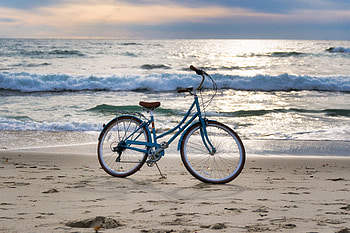 Bicycle, beach, sea waves HD wallpaper