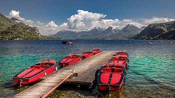 St. Gilgen, Austria, boats, clouds, landscape, pier, sky, water, mountains, alps HD wallpaper