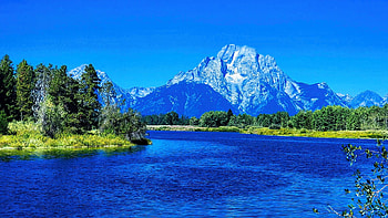 Grand Teton National Park in August, blue, reflection, landscape, trees, sky, water, wyoming, usa HD wallpaper