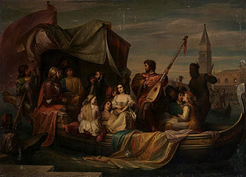 Party on boat near Venice, party, boat, gondola, instrument, art, pictura, albrecht durer, people, painting HD wallpaper
