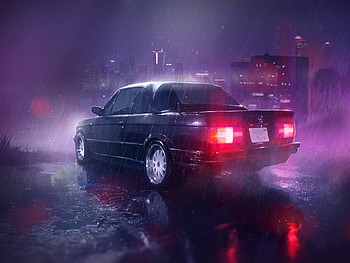 Rain, neon lights, taillight, car, art HD wallpaper
