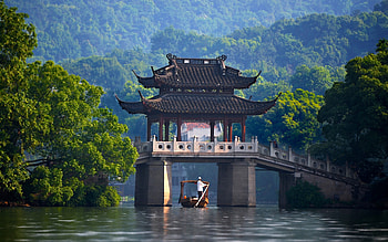 China, river, boat, peisaj, man, green, pavilion, water HD wallpaper