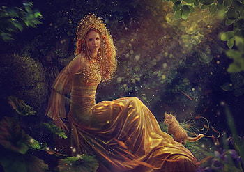 In to the woods, pisica, fantasy, cat, girl, luminos, forest, vasylina HD wallpaper