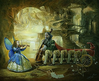 Michael Cheval - Metamorphosis, art, surrealist, metamorphosis, girl, millipede, violin, fairy, harlequin, music, painting, butterfly, michael cheval, insect HD wallpaper