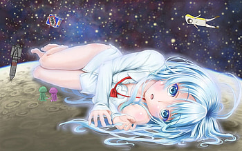 Denpa Onna, relaxing, blue eyes, cute, unifrom, blue hair, stars, shirt, underwater, jelly fish, denpa pnna HD wallpaper