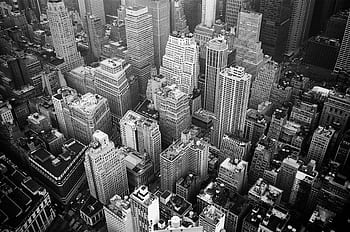 A stunning black and white aerial shot capturing the iconic New York City skyline's intricate architecture. HD wallpaper