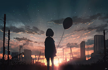 Art, Sunset, Silhouette, Starry Sky, Balloon, Girl HD wallpaper