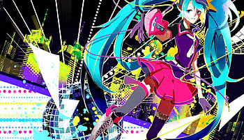 Let Get This Party Started!!!, skirt, ponytails, blue eyes, disco ball, city, hatsune miku, blue hair, gloves, vocaloid, long hair, anime, hat HD wallpaper