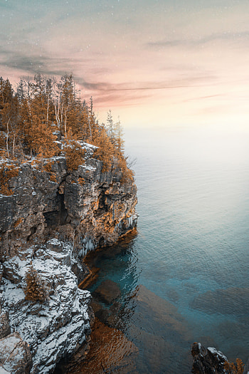 Landscape, Nature, Trees, Sea, Snow, Cliff HD phone wallpaper