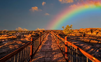 A scenic walkway with a rainbow arching across a vivid sky, perfect for outdoor graphy. HD wallpaper