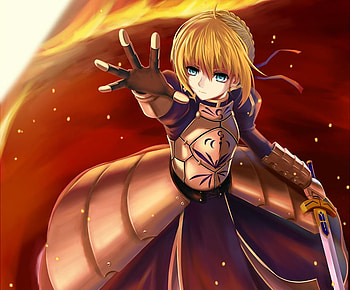 Saber, avalon, reaching, werkbau, pixiv id 1962043, fate stay night, dress, ahoge, blonde hair, braids, sword, blue eyes, ribbon, gloves, flame, anime, weapon, armors, gauntlets, fire, hair ribbon HD wallpaper
