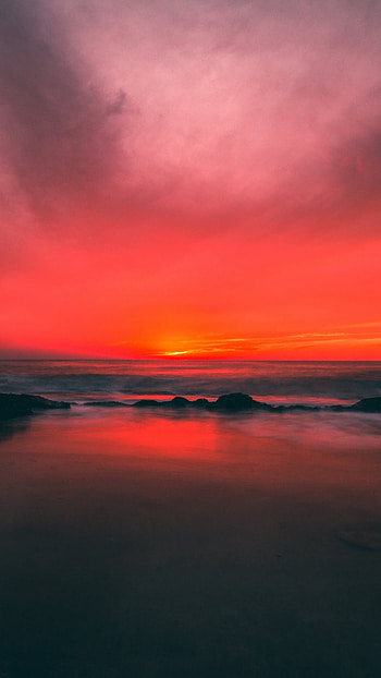 sky, horizon, sea, beach, nature, sunset HD phone wallpaper
