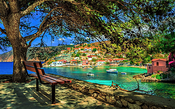 Sea_Greece, village, sea, bench, shade, graphy, beaches, Greece, beauty, summer, holiday, view, nature, calm, U HD wallpaper