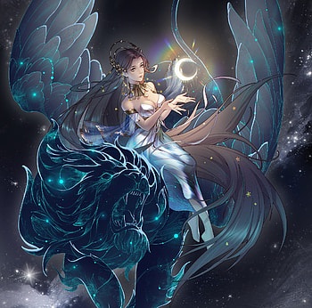 Mirana, girl, sentieny, lion, dark, wings, blue, night, fantasy, moon, sentient HD wallpaper