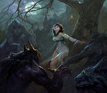 The Victim, night, girl, beauty, werewolves, moonlight, moon, fantasy, abstract, castle HD wallpaper