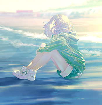 Sea shore, anime girl, art HD phone wallpaper