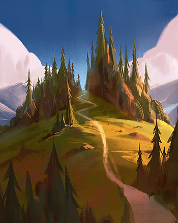Trees, Art, Forest, Path, Hill, Canvas HD phone wallpaper