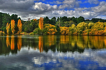 Lakeside Autumn Scene, reflection, fall, trees, autumn, sky, nature, water, lake HD wallpaper