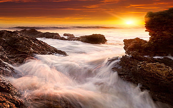 Crystal Cove Sunset, California, rocks, usa, sea, clouds, colors, sky, sun HD wallpaper