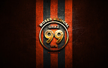 Graz 99ers, golden logo, ICE Hockey League, orange metal background, austrian hockey team, Graz 99ers logo, hockey, EC Graz 99ers HD wallpaper