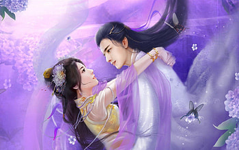 Asian Lovers, hugging, asian, caring, man, romance, oriental, woman, purple, love, holding HD wallpaper