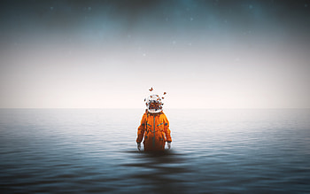 Astronaut Standing Inside Ocean Butterflies Around Helmet , astronaut, manipulation, graphy, butterfly HD wallpaper