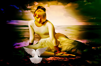 SOLICE, art, peaceful, doves, dark, enchanting, beach, lady, fantasy, pretty, sky, water, lovely HD wallpaper