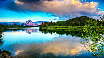 Nature, Sky, Mountains, Clouds, Lake, Reflection, Smooth, Surface, Branches, Brightly HD wallpaper