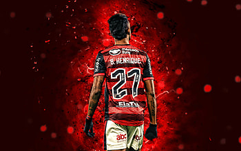 Bruno Henrique, back view, Flamengo FC, red neon lights, brazilian footballers, Bruno Henrique Pinto, Serie A, Brazil, football, Bruno Henrique Flamengo HD wallpaper